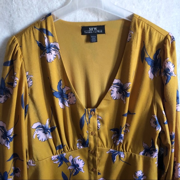 SFW New floral mustard yellow button up dress Boho - Picture 3 of 5